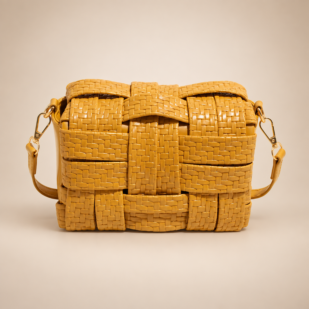 Mustard yellow woven crossbody bag on a warm ivory studio background