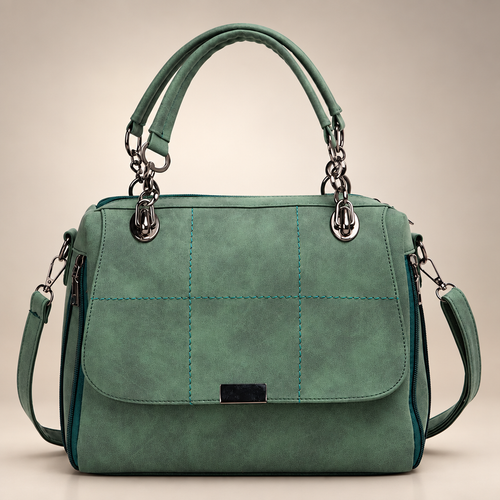 Matcha green PU leather tote bag on a warm ivory and taupe studio background