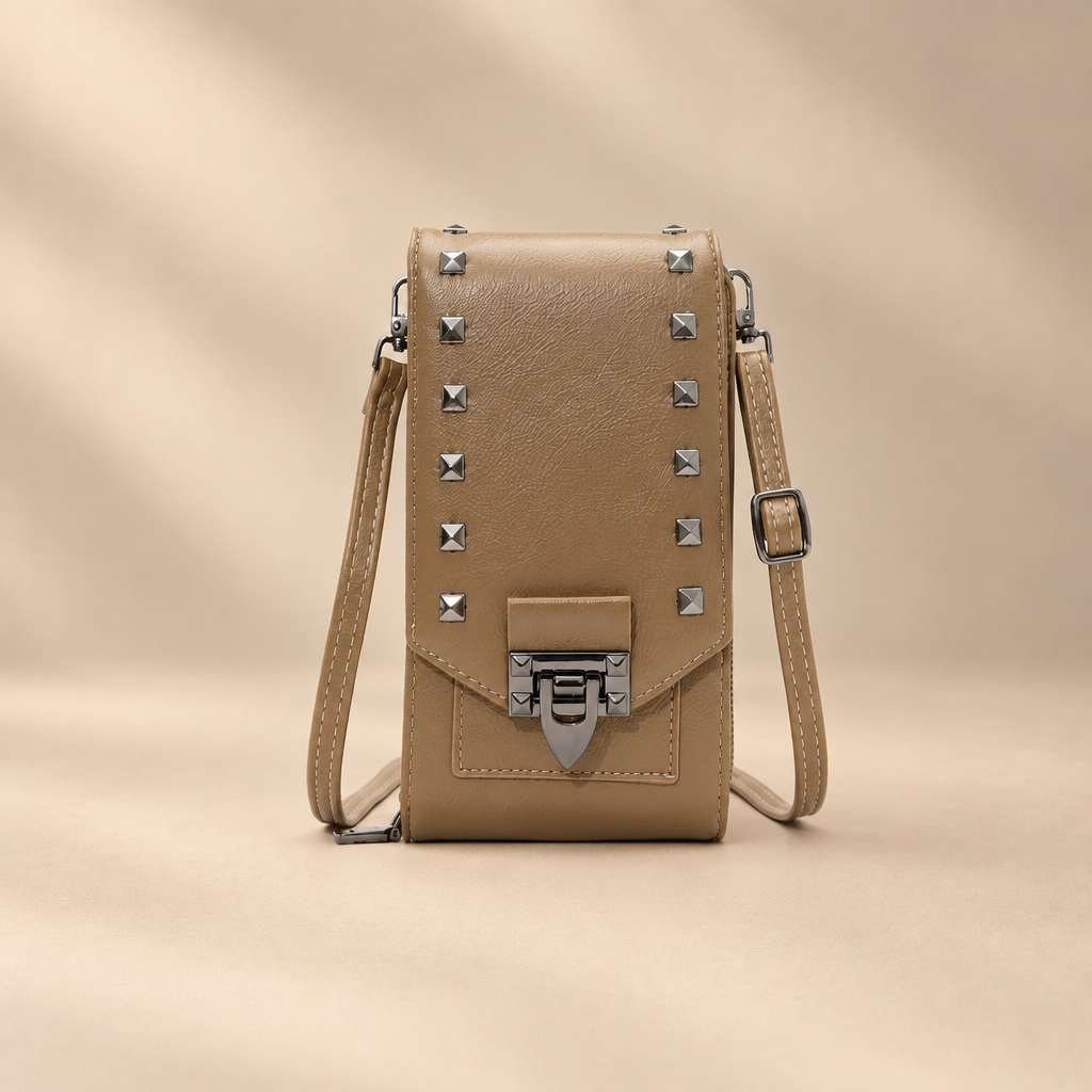 Rivet shoulder bag on warm ivory studio background, view 5