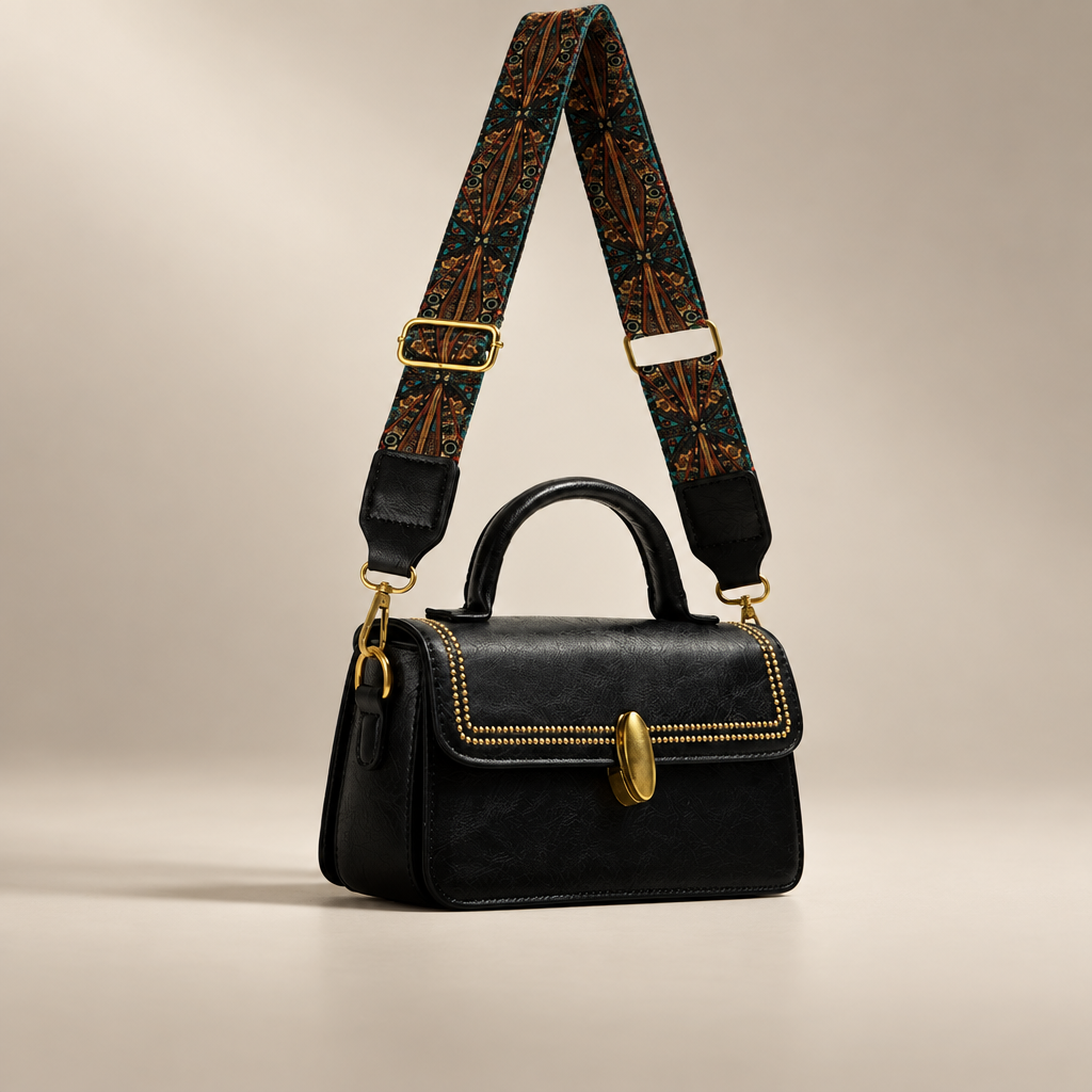 Black PU messenger bag with patterned adjustable shoulder strap on a warm ivory and taupe studio background