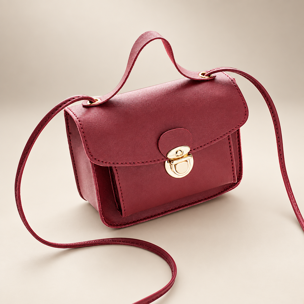 Women's envelope crossbody bag in red on a warm ivory/taupe studio background