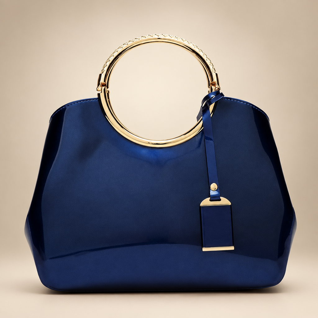 Women's ring-handle bag in blue on a warm ivory/taupe studio background