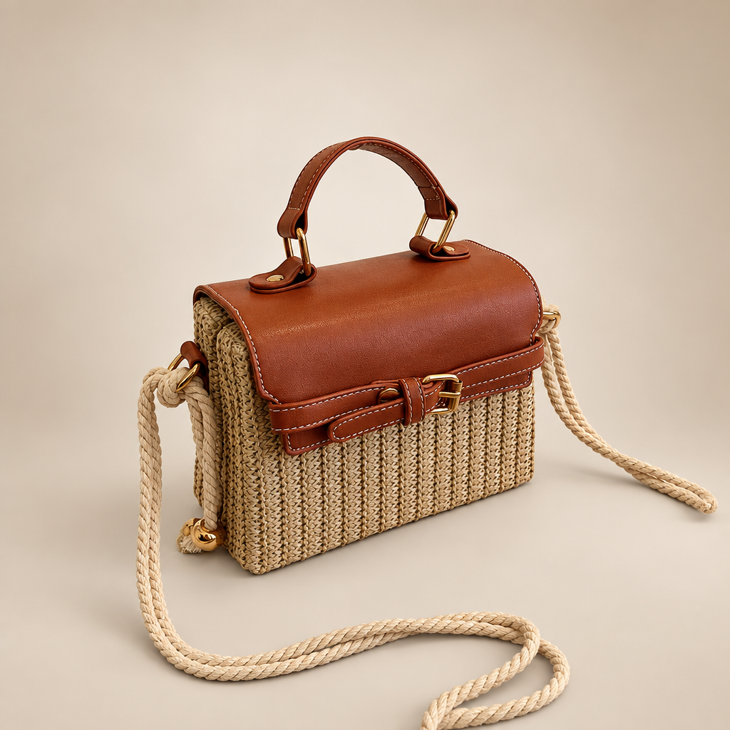 Brown woven box rattan handbag on warm ivory studio background