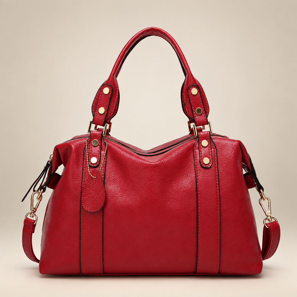 Red handbag on a warm ivory studio background