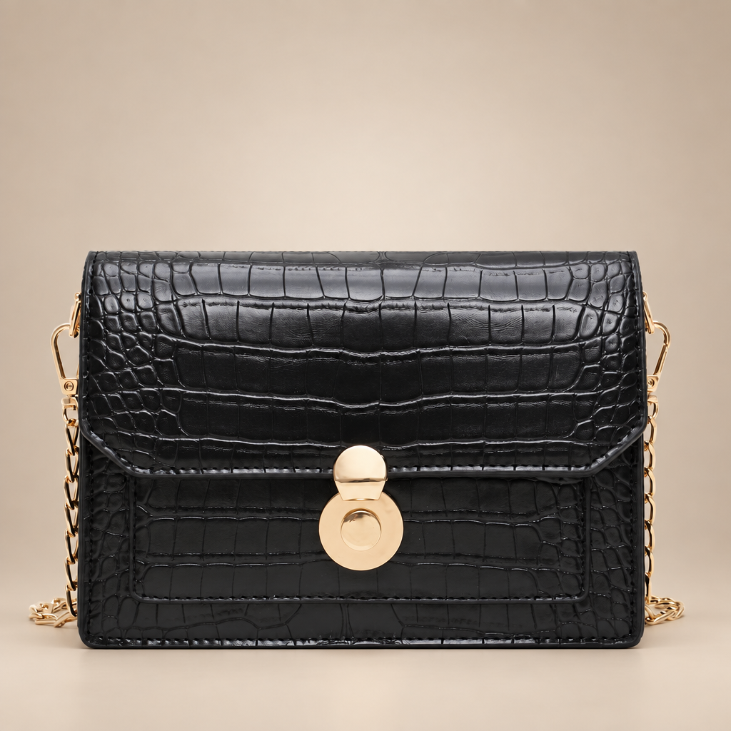 Black croc-embossed chain bag on a warm ivory studio background