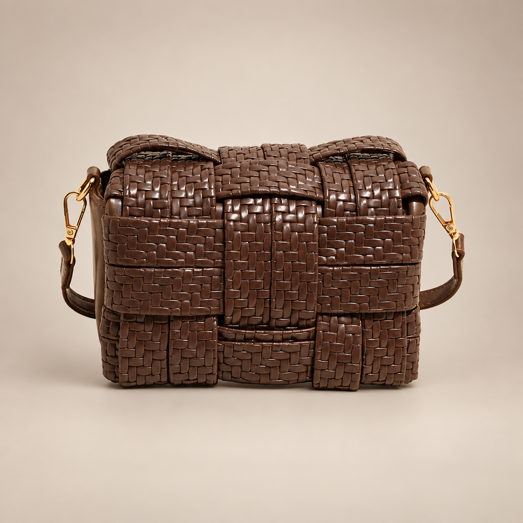 Brown woven crossbody bag on a warm ivory studio background