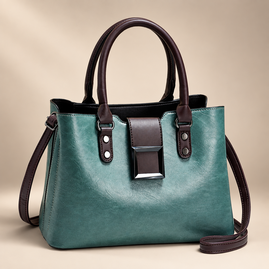 Women's structured buckle tote in mint green on a warm ivory/taupe studio background