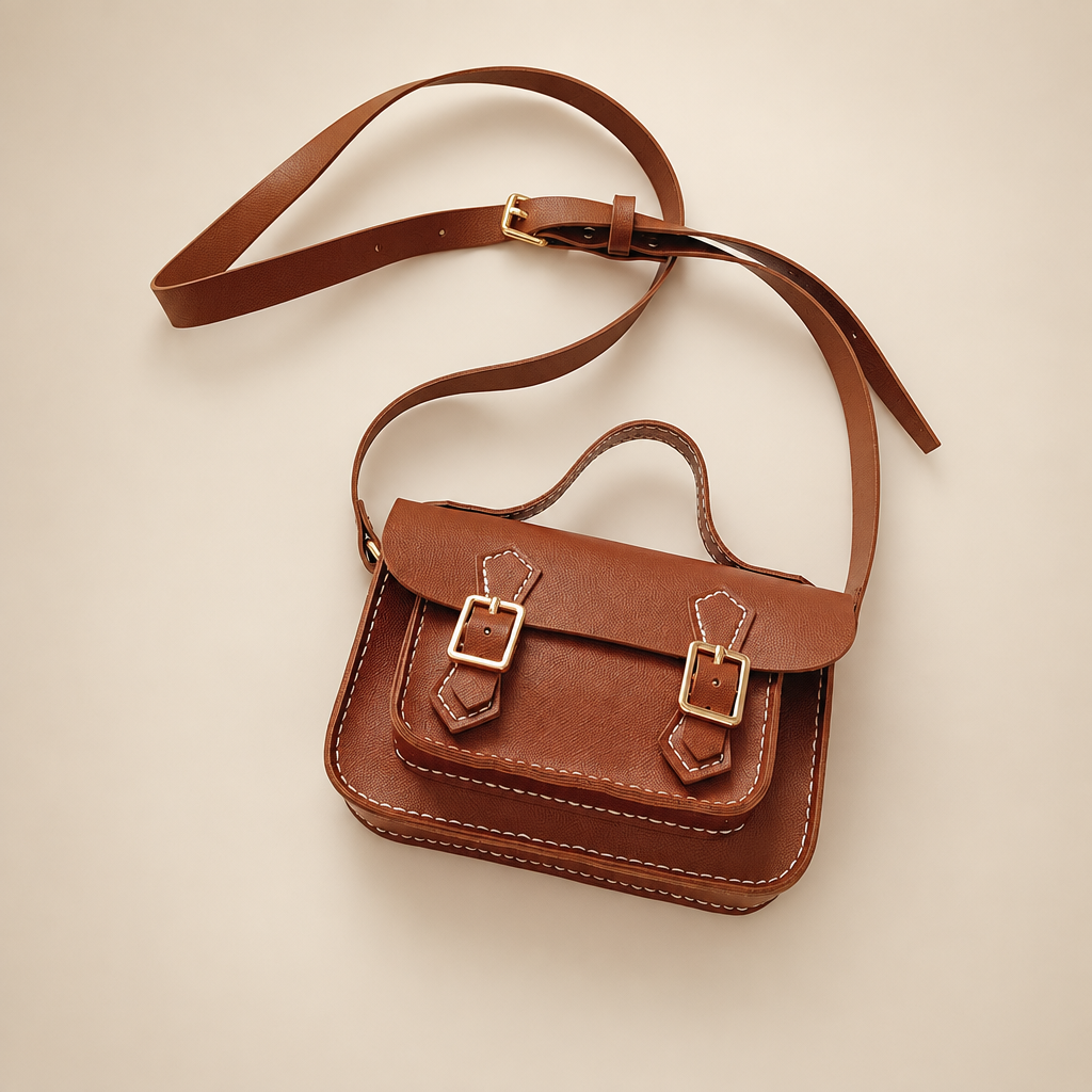 Brown twin-buckle satchel bag on a warm ivory studio background