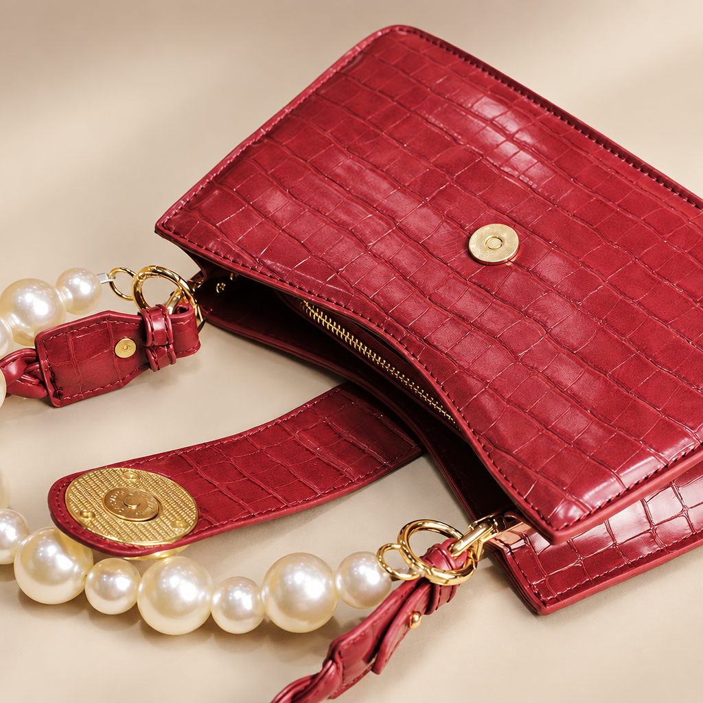 Open red bag detail showing croc-embossed texture, zip and pearl bead handle on warm ivory background