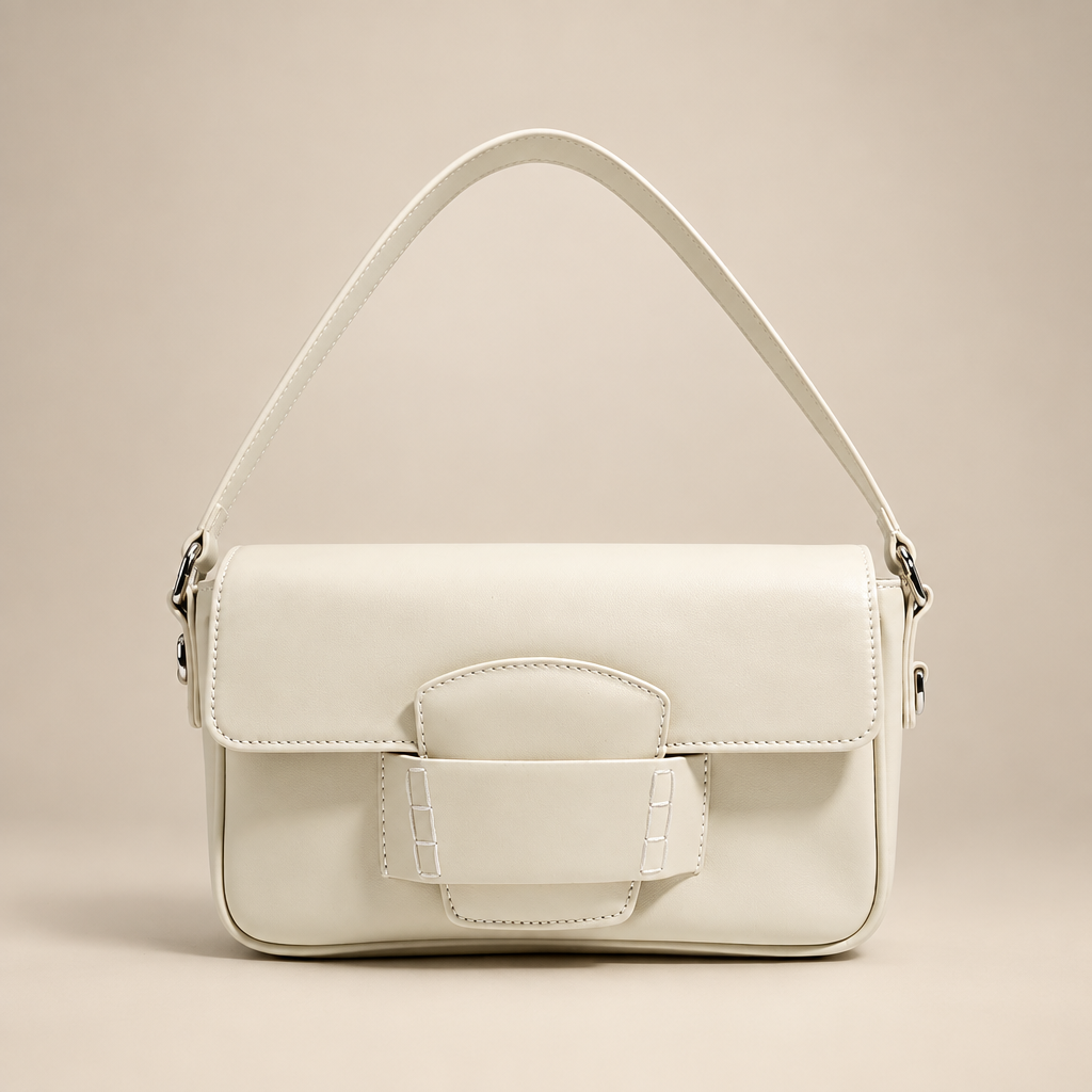 Ivory white flap shoulder bag on a warm ivory studio background
