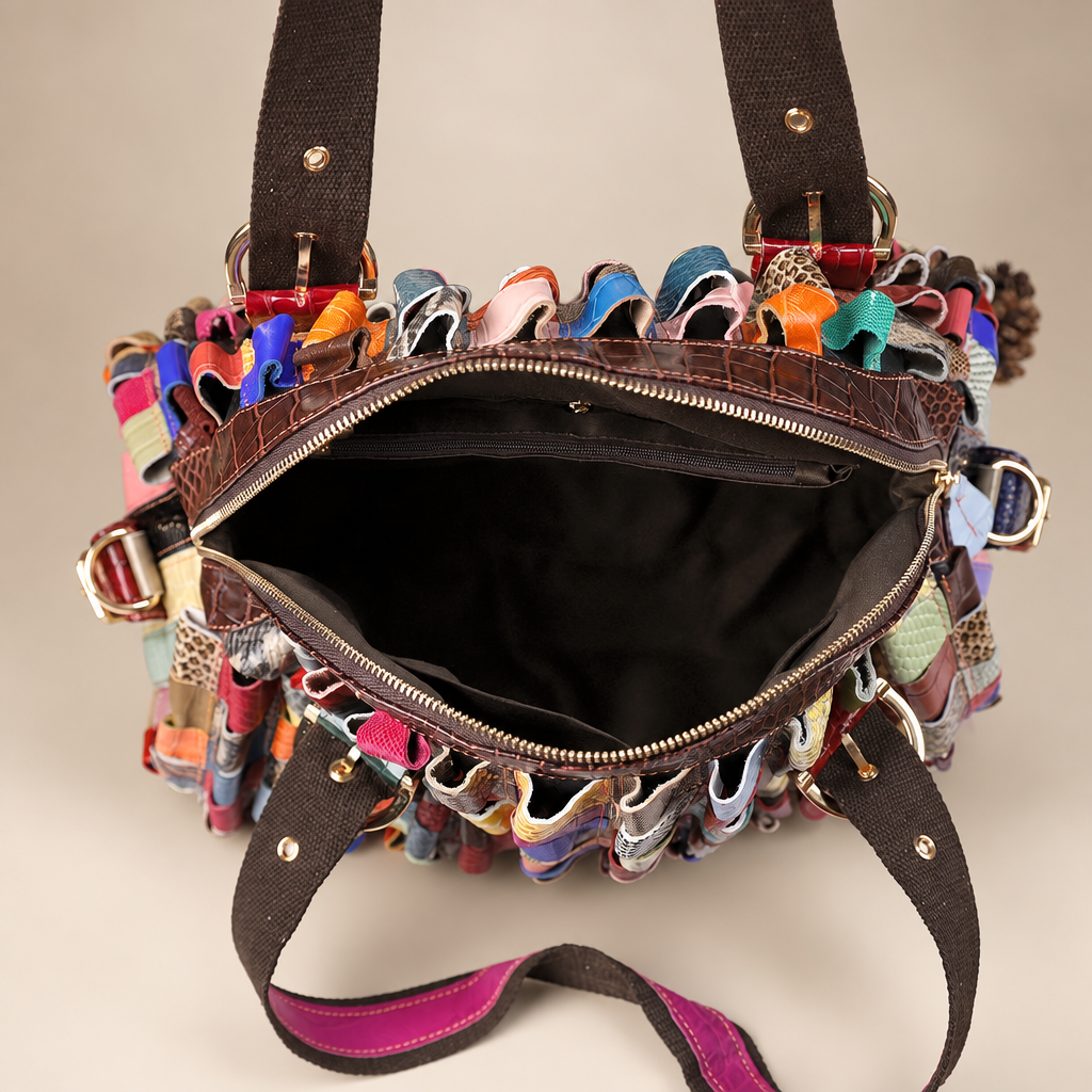 Multicolour woven handbag interior with open zip and internal pocket on a warm ivory studio background