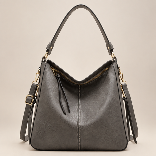 Light grey hobo shoulder bag on warm ivory studio background