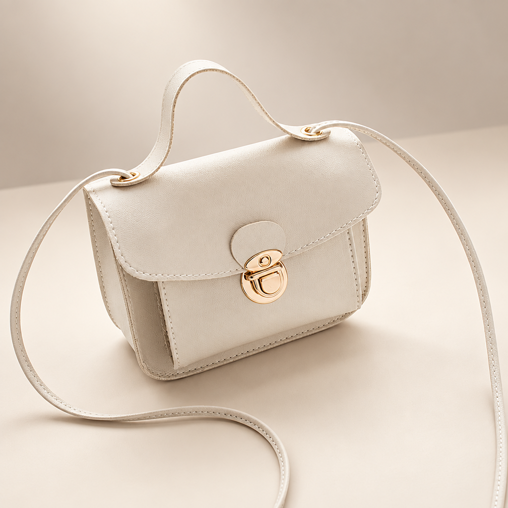 Women's envelope crossbody bag in white on a warm ivory/taupe studio background