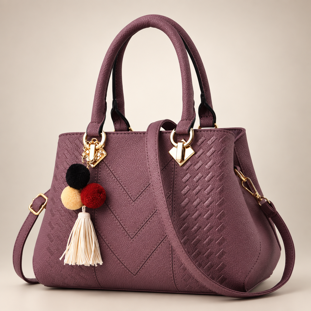Purple textured handbag on warm ivory studio background
