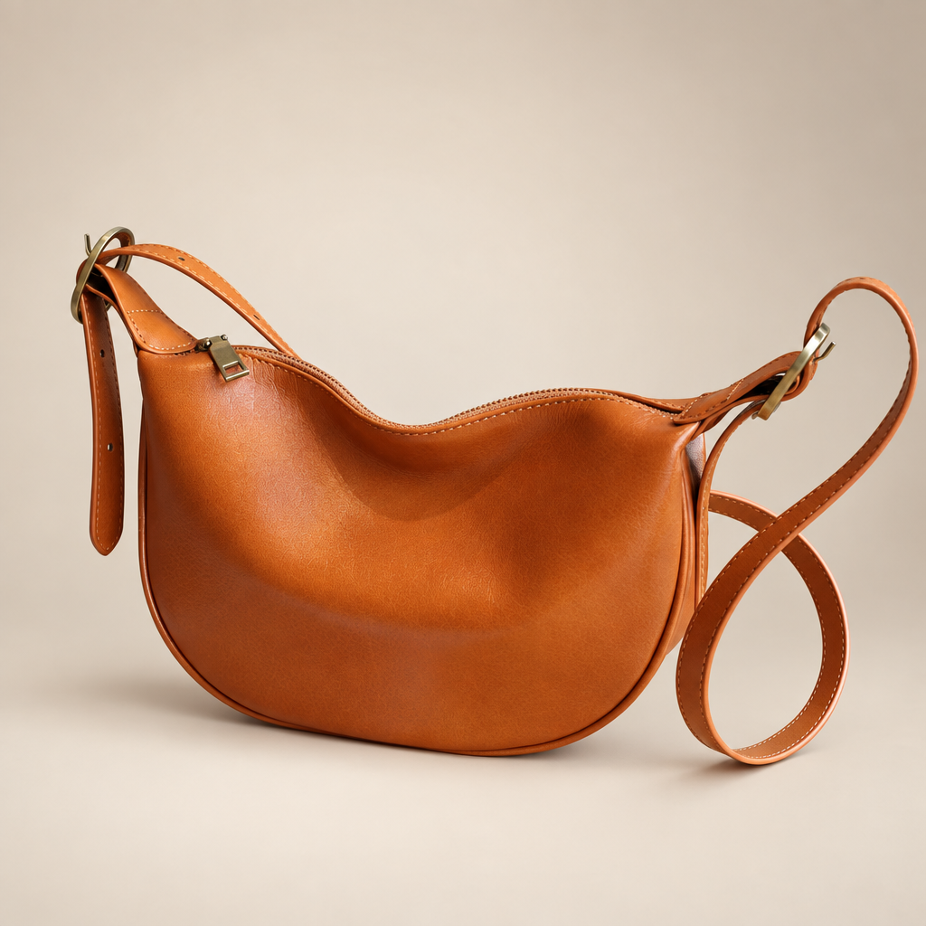 Orange-tan leather crescent bag, front view on warm ivory studio background