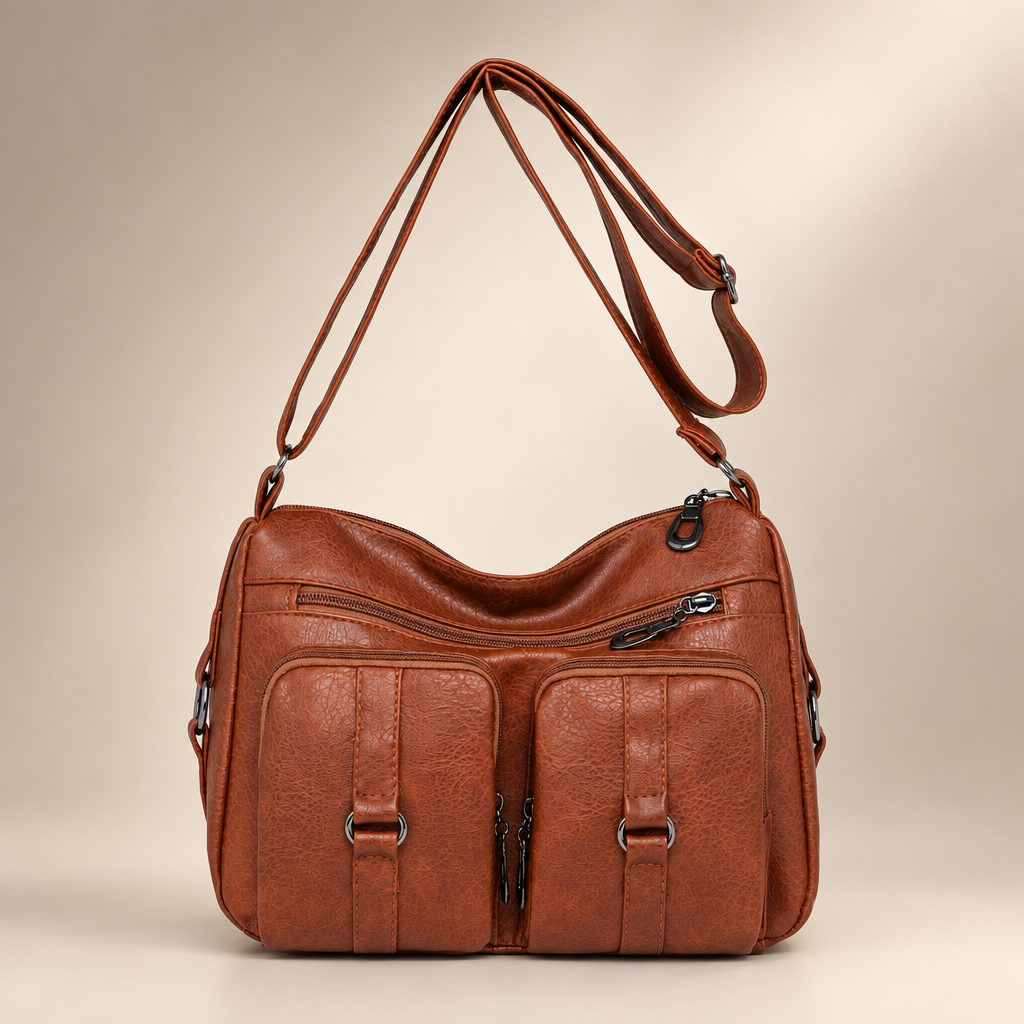 Brown PU crossbody bag with front zip and slip pockets on a warm ivory studio background