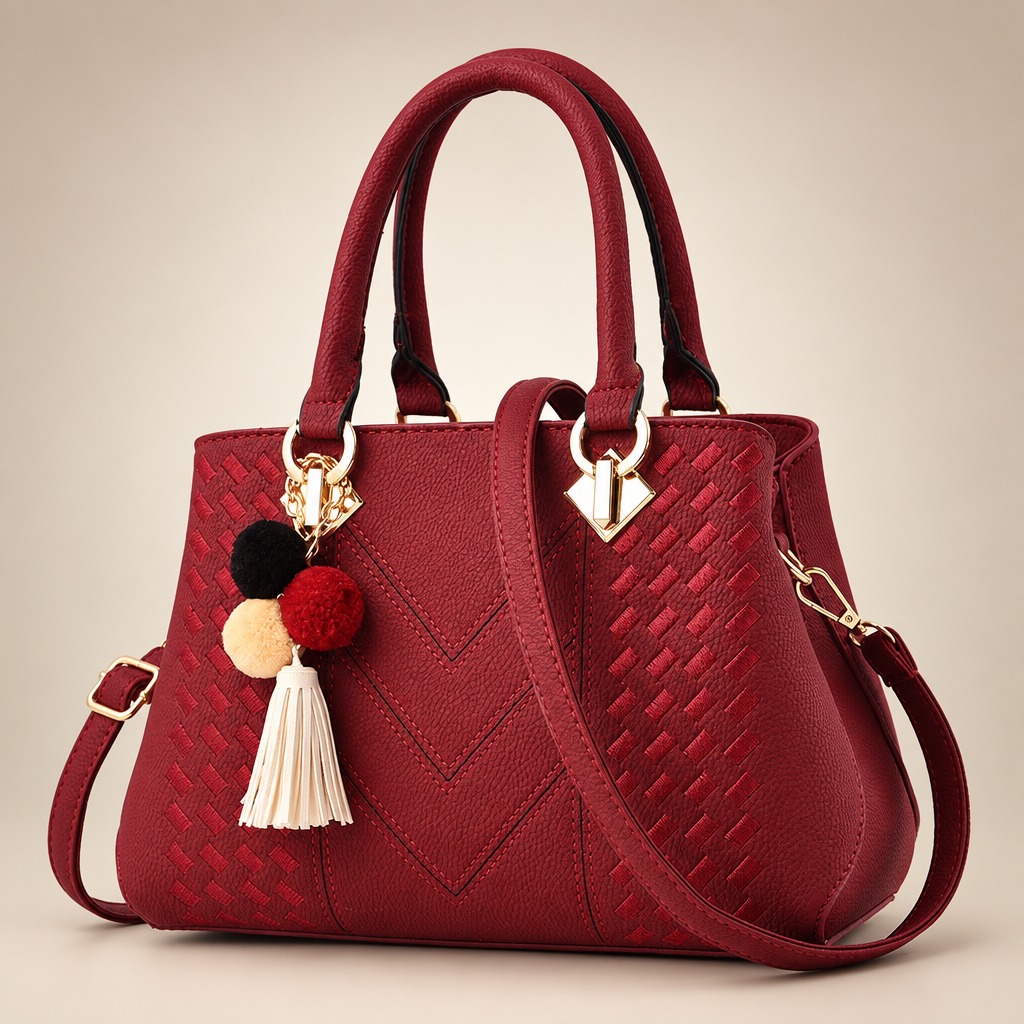 Wine Red textured handbag on warm ivory studio background