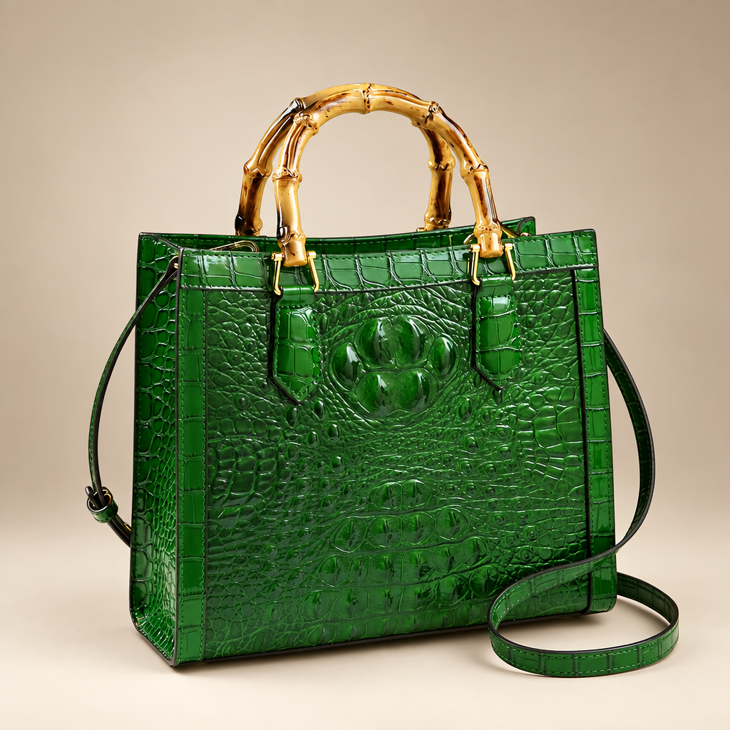 Green croc-embossed handbag with bamboo-style handles on an ivory studio background