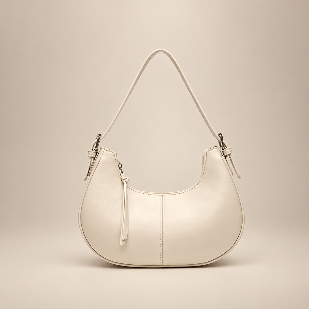 Cream crescent shoulder bag on a warm ivory studio background