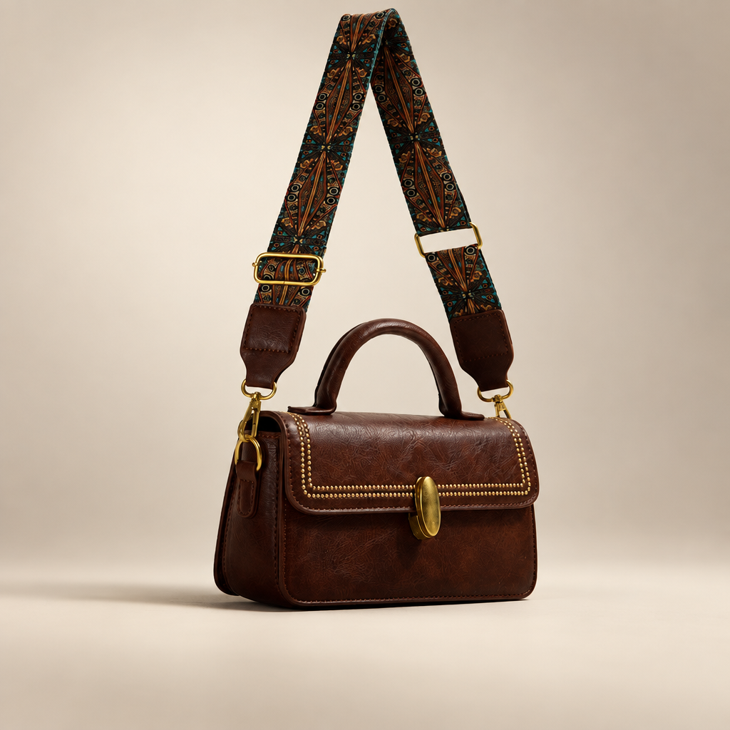 Brown PU messenger bag with patterned adjustable shoulder strap on a warm ivory and taupe studio background