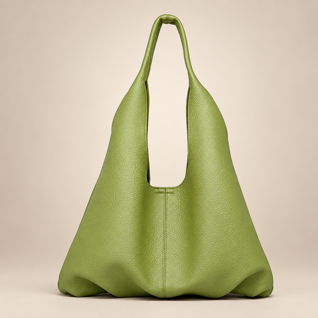 Women's slouchy shoulder tote in green on a warm ivory/taupe studio background
