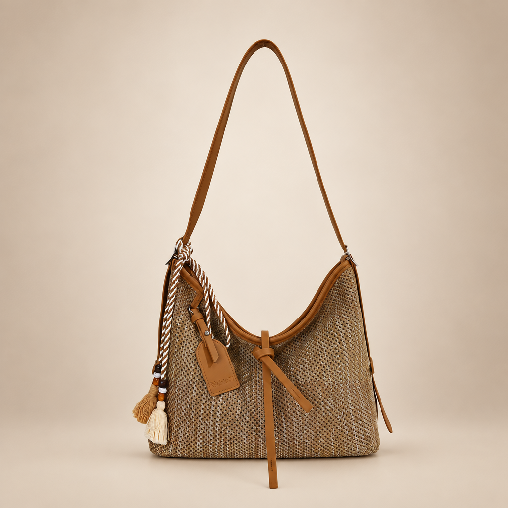 Tan woven shoulder bag with brown trim and tassels on a warm ivory studio background