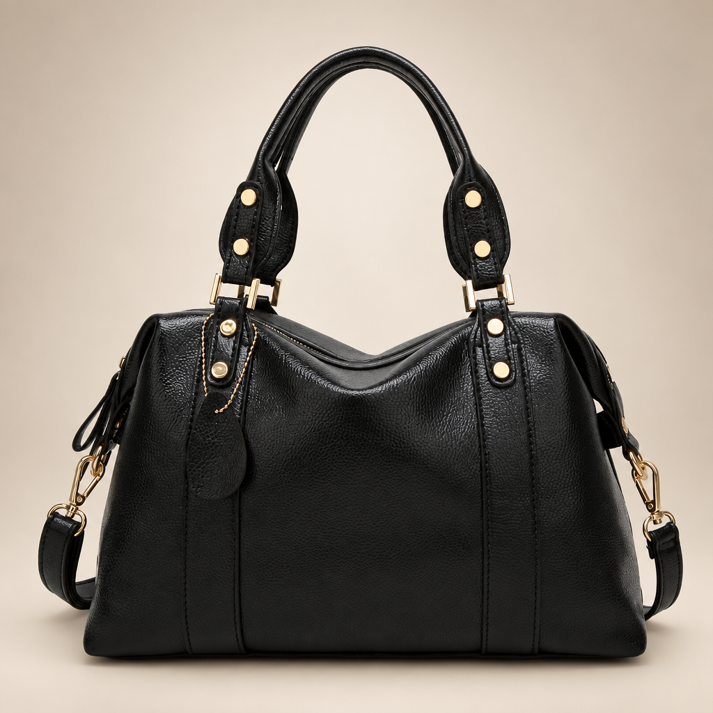 Black handbag on a warm ivory studio background