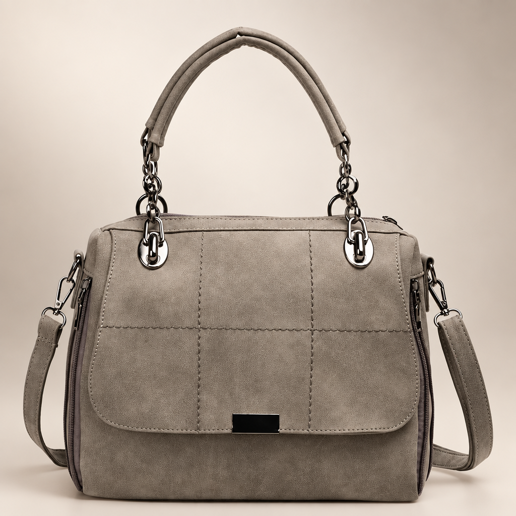 Matcha green PU leather tote bag on a warm ivory and taupe studio background