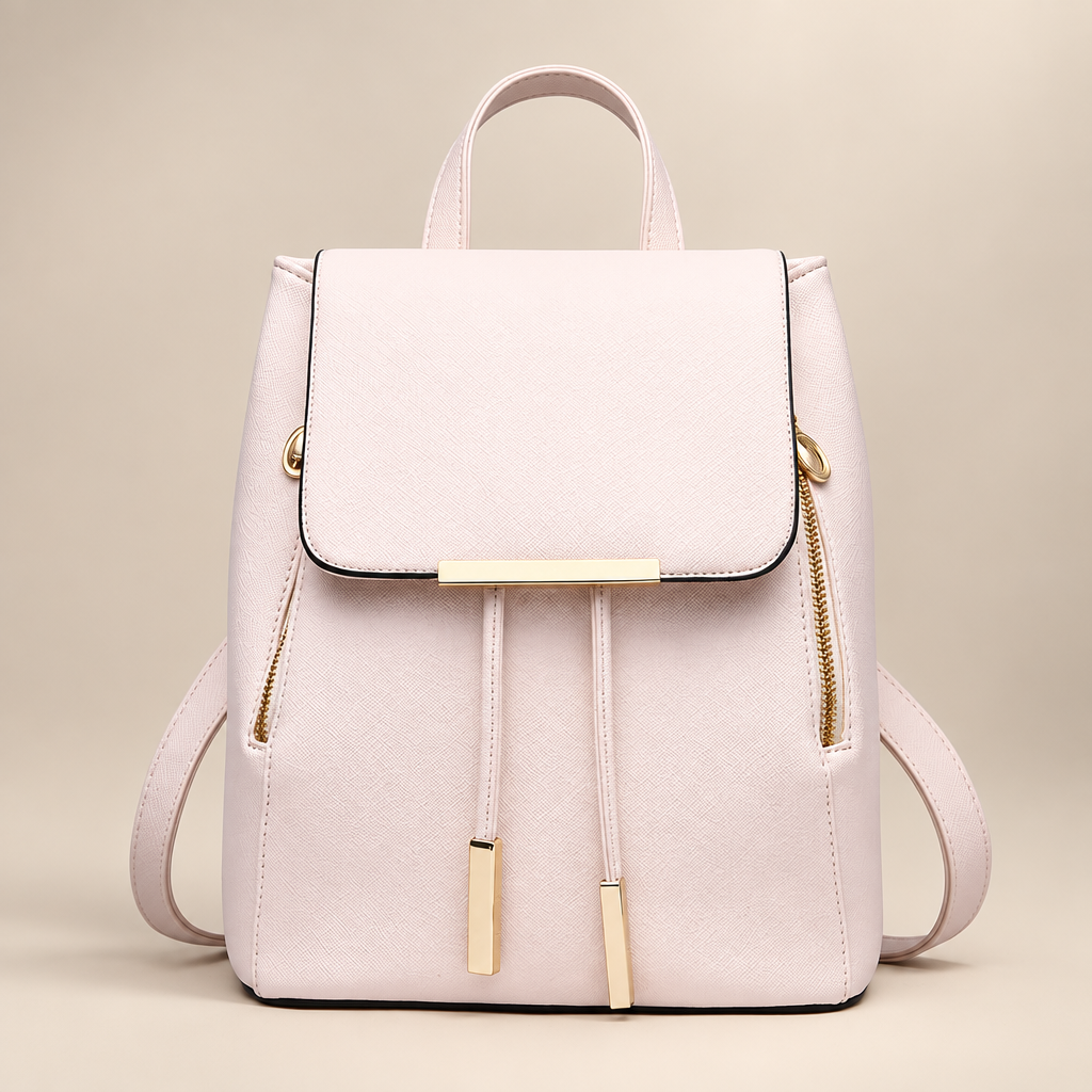 Women's flap backpack in pale pink on a warm ivory/taupe studio background