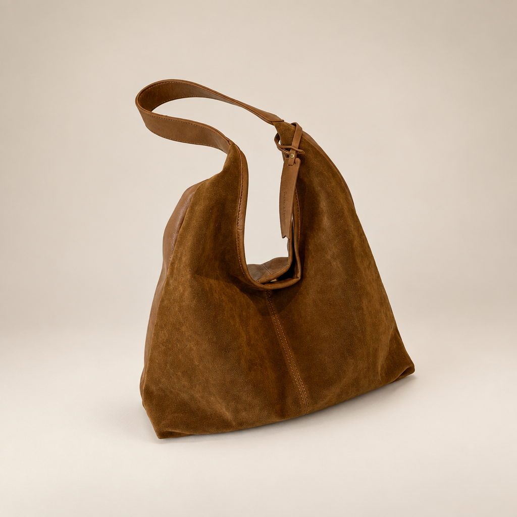 Golden tan suede-look shoulder bag on a warm ivory studio background