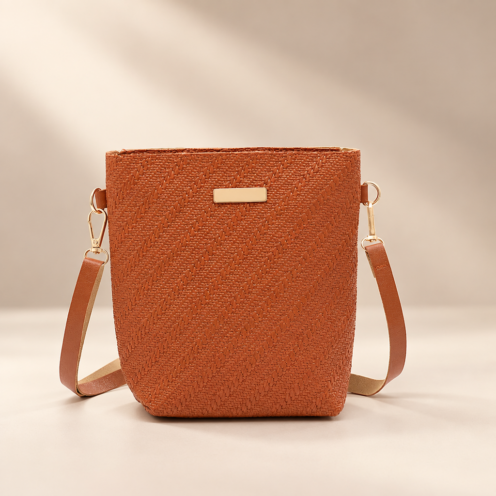 Brown PU shoulder bag with embossed texture against a warm ivory and taupe studio background