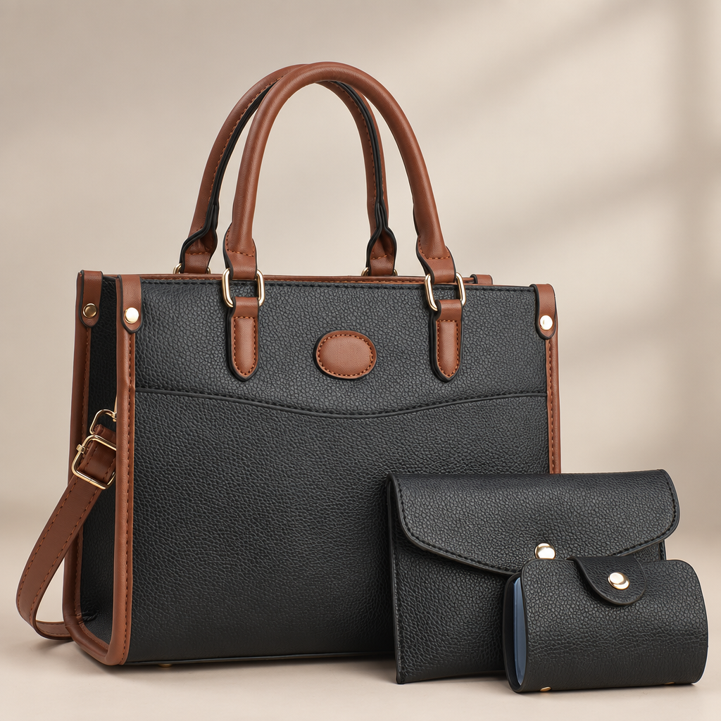 Black three-piece shoulder bag set on warm ivory studio background