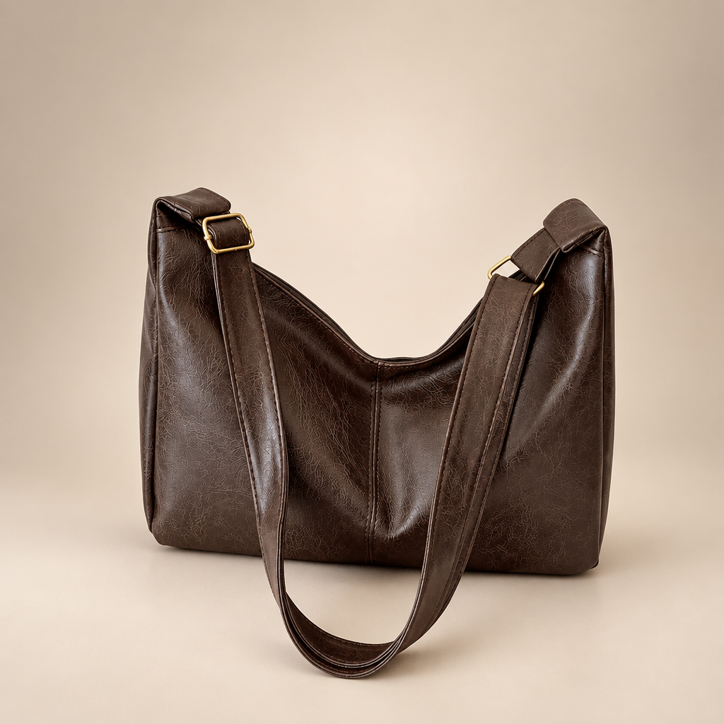 Retro commuter bag on warm ivory studio background