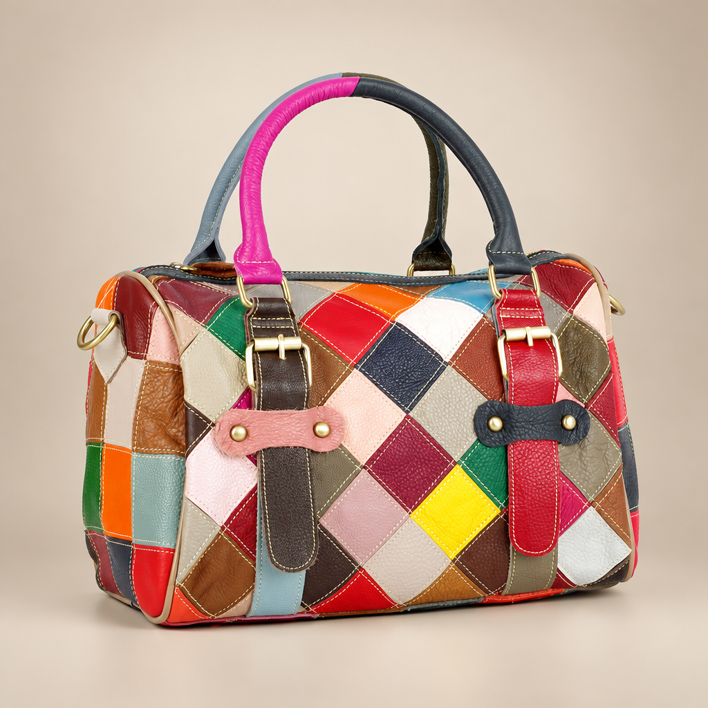 Colourful patchwork leather handbag, front view, on a warm ivory/taupe studio background