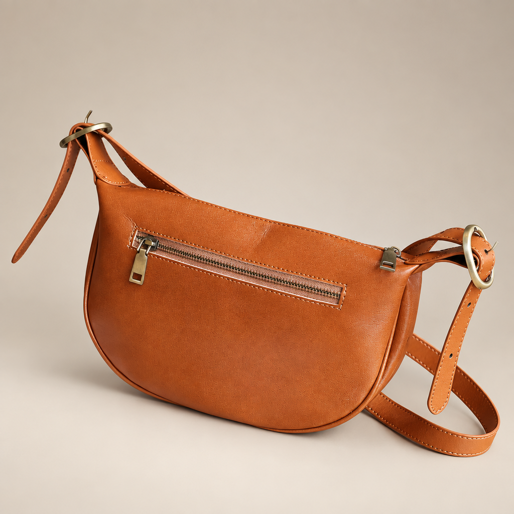 Orange-tan leather crescent bag, rear view with zip pocket on warm ivory studio background