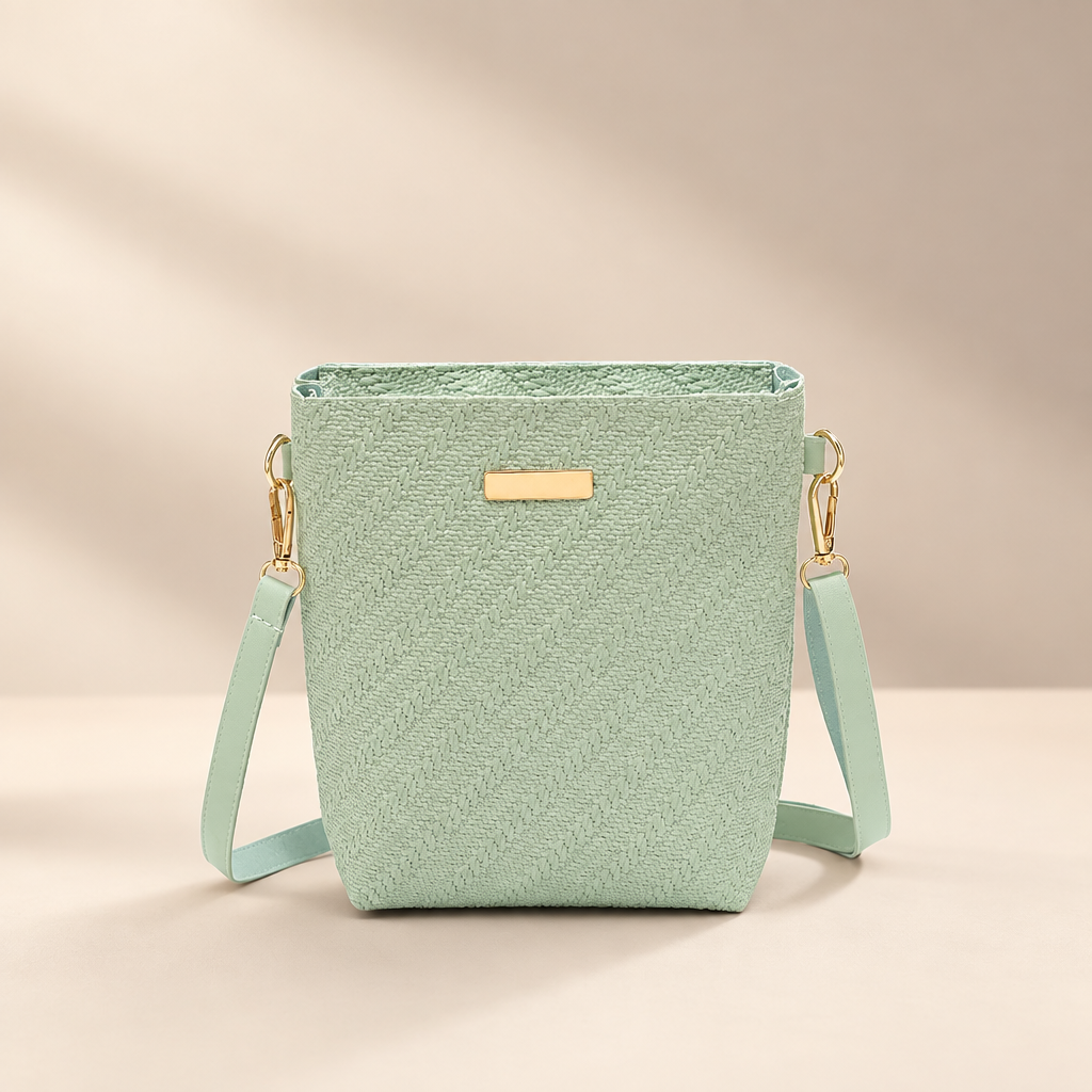 Green PU shoulder bag with embossed texture against a warm ivory and taupe studio background