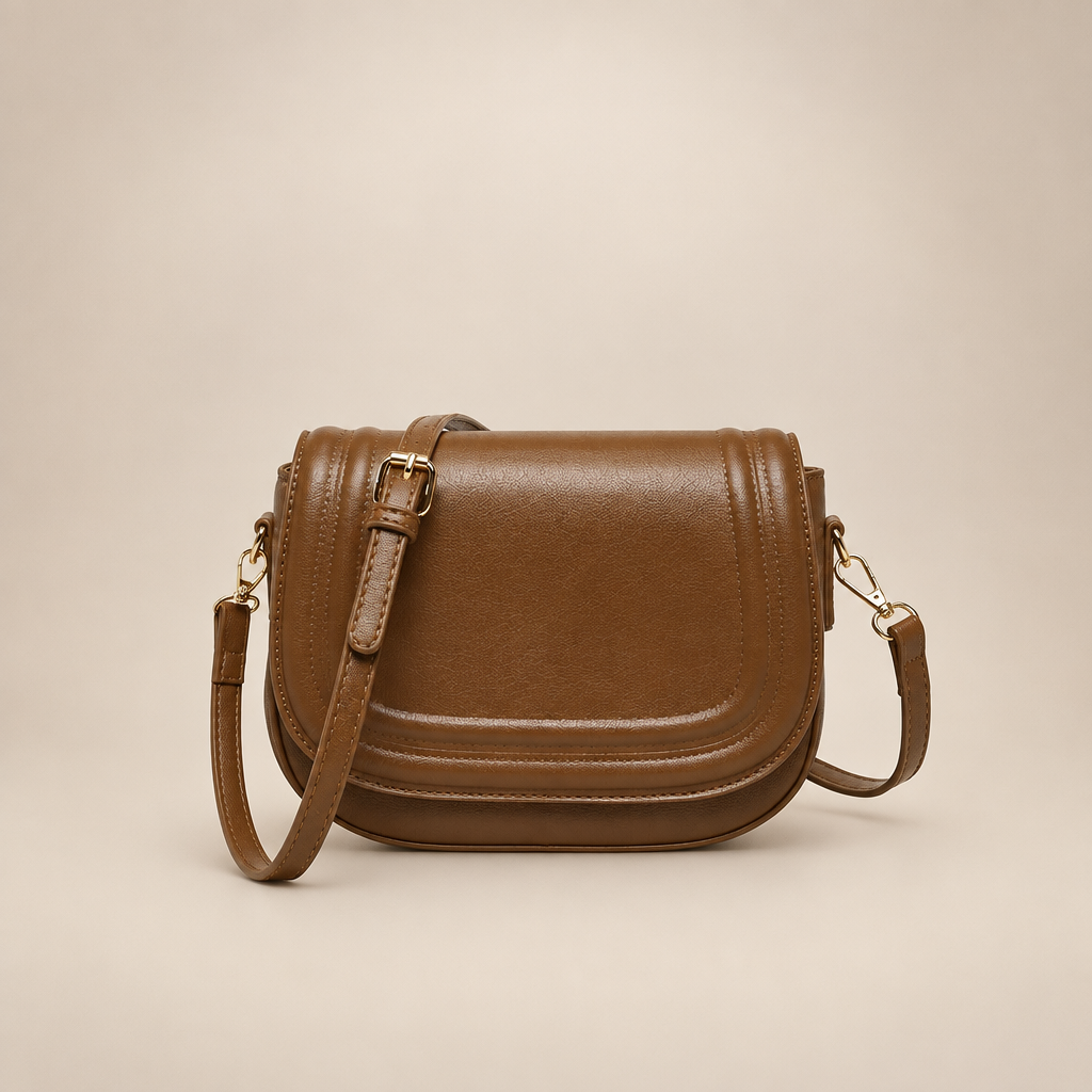 Brown curved-flap crossbody bag on a warm ivory studio background