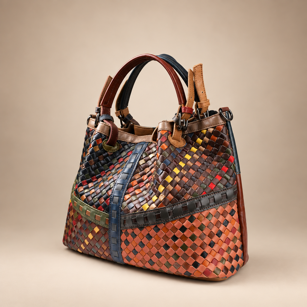 Multicoloured woven handbag with blue and green trim, angled view on a warm ivory studio background