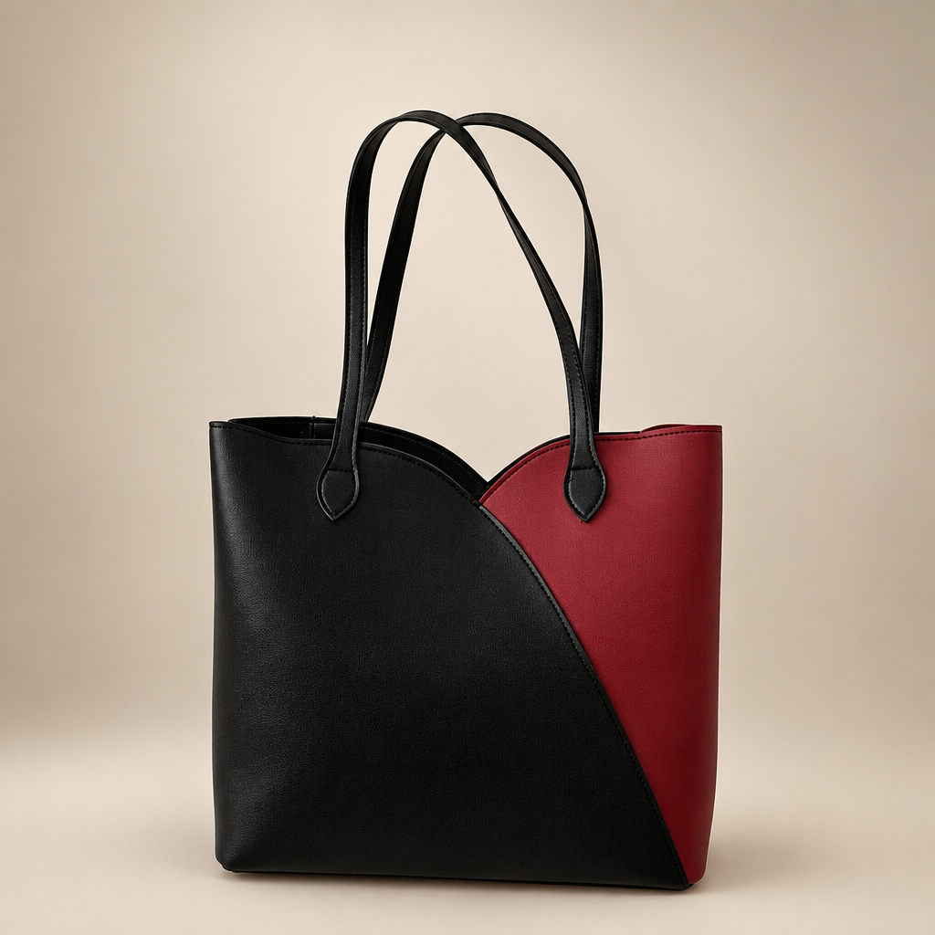 Women's colour-block shoulder tote in blue with beige on a warm ivory/taupe studio background
