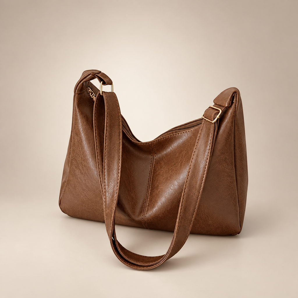 Retro commuter bag on warm ivory studio background
