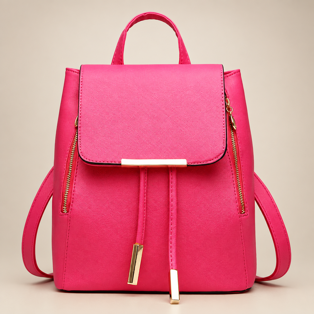 Women's flap backpack in rose red on a warm ivory/taupe studio background