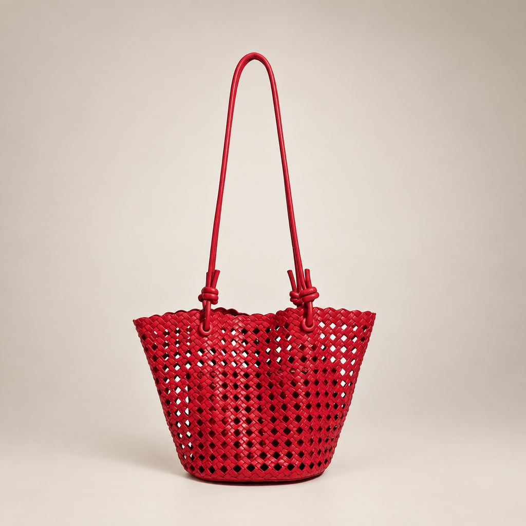 Red open-weave bucket bag on an ivory studio background