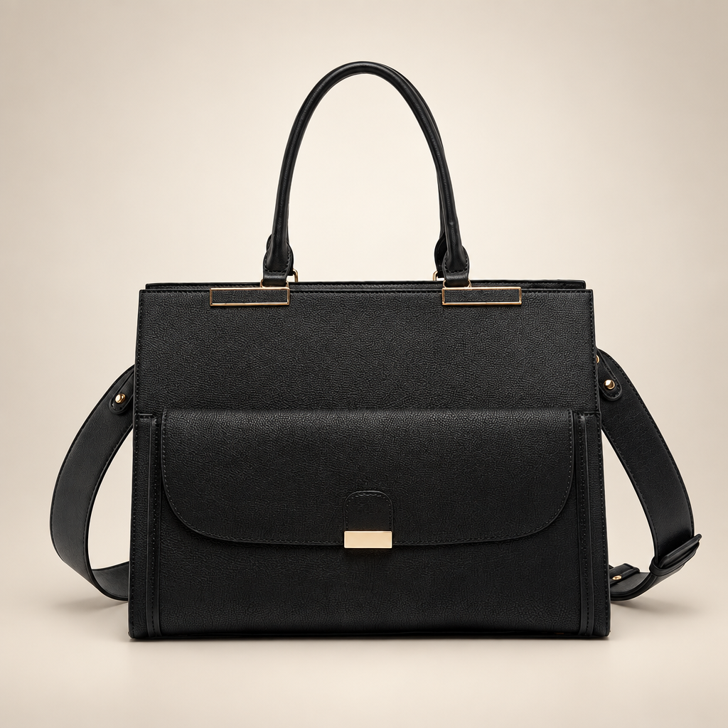 Black women's laptop work bag, side view, on a warm ivory/taupe studio background