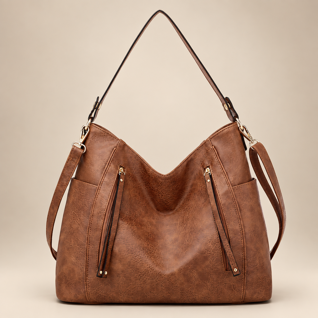 Women's slouchy hobo shoulder bag in brown on a warm ivory/taupe studio background