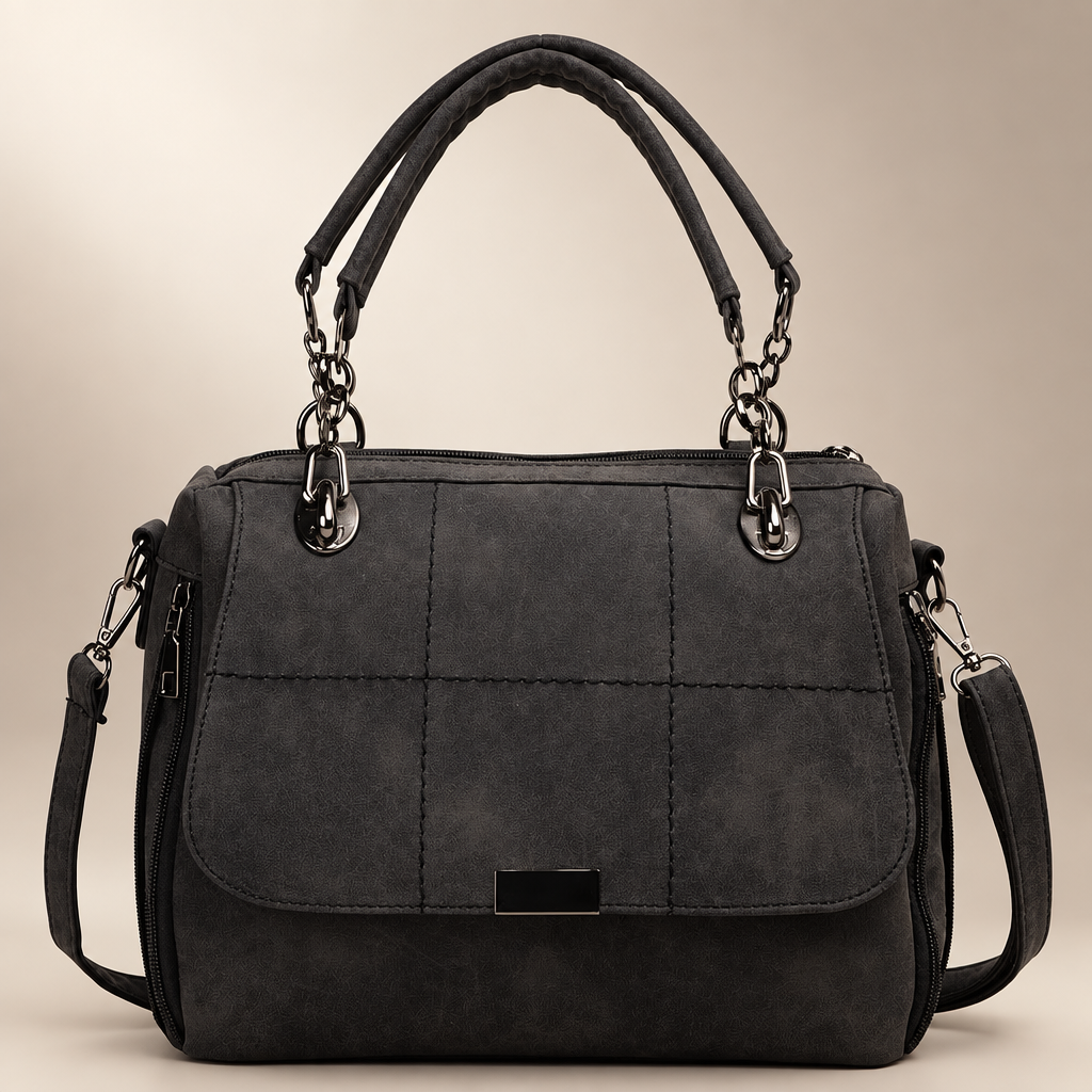 Matcha green PU leather tote bag on a warm ivory and taupe studio background