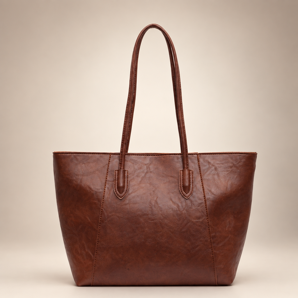 Coffee-coloured PU tote bag photographed on a warm ivory studio background