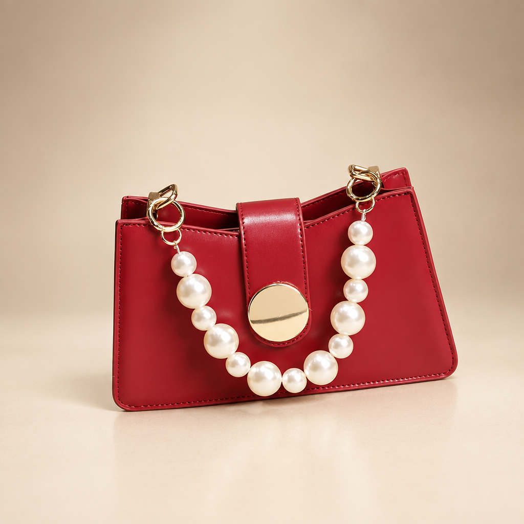 Red bag with pearl bead handle and gold-tone clasp on warm ivory studio background