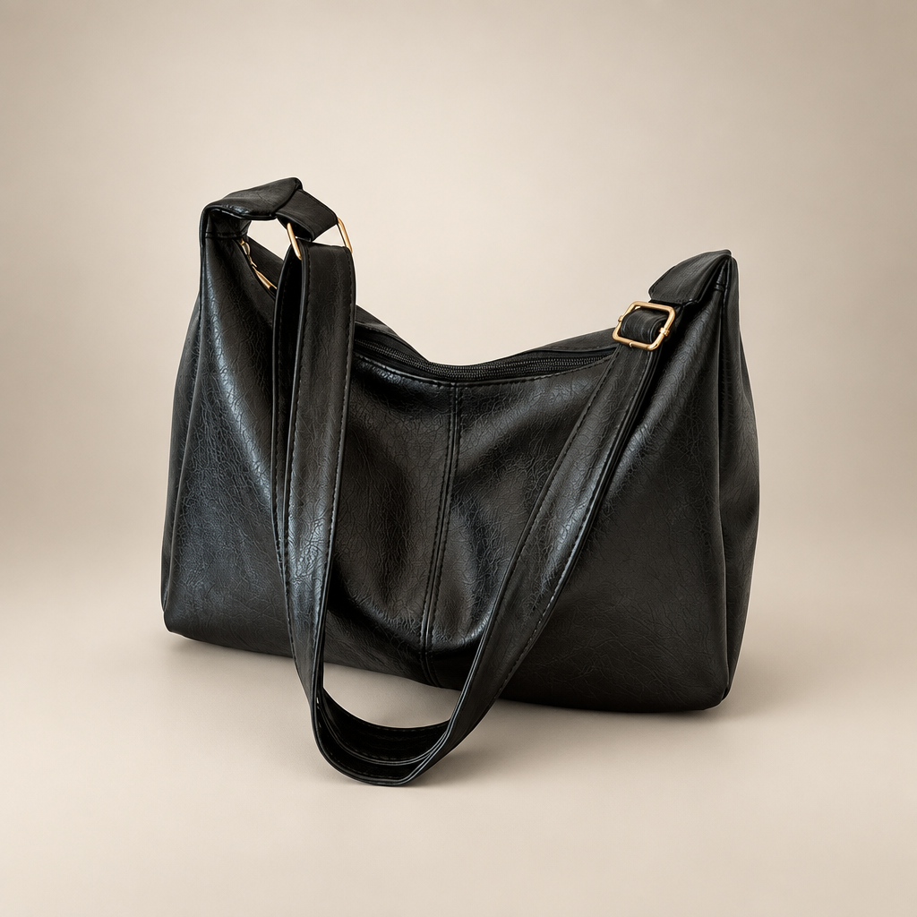 Retro commuter bag on warm ivory studio background