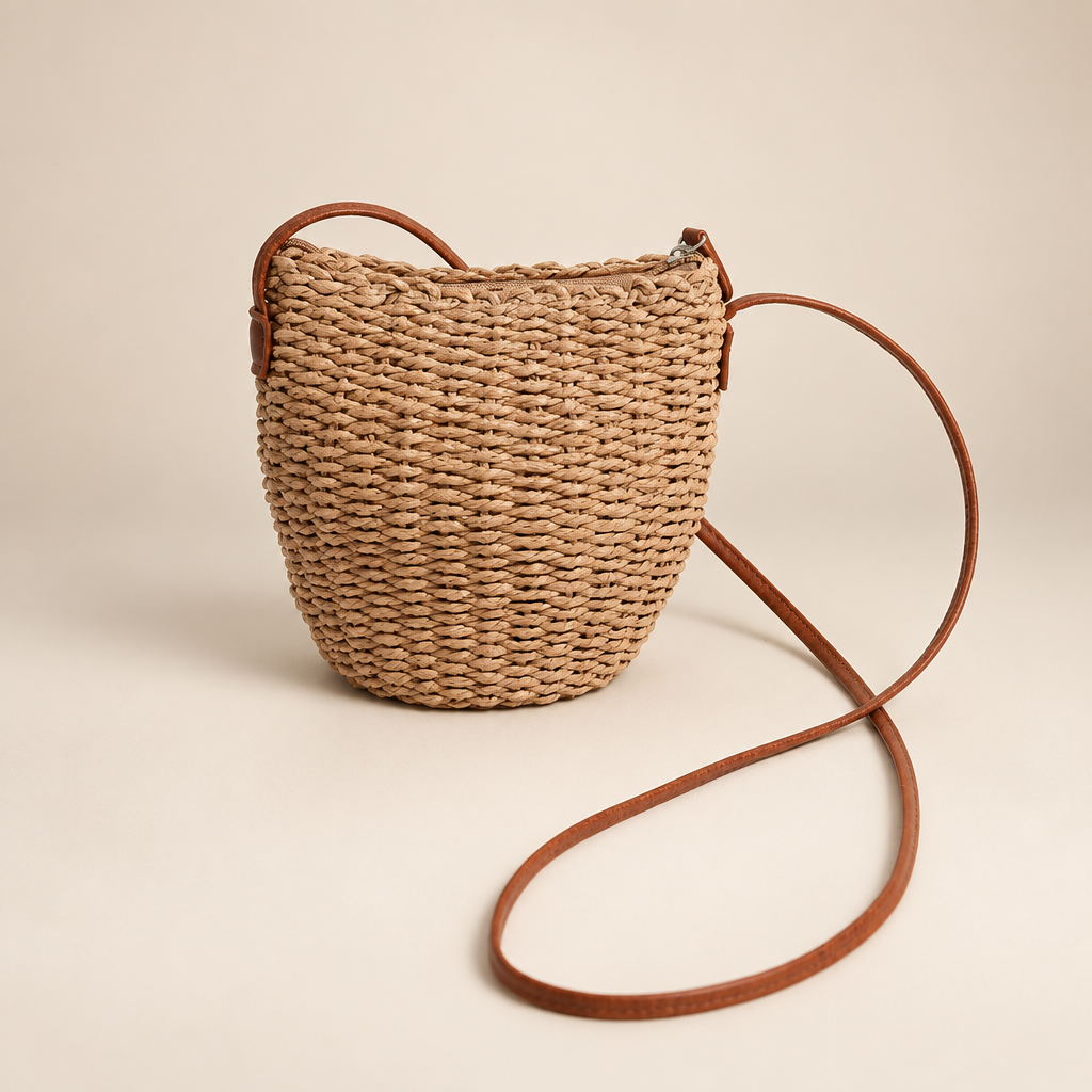 Natural woven basket crossbody bag with brown strap, front view on an ivory studio background
