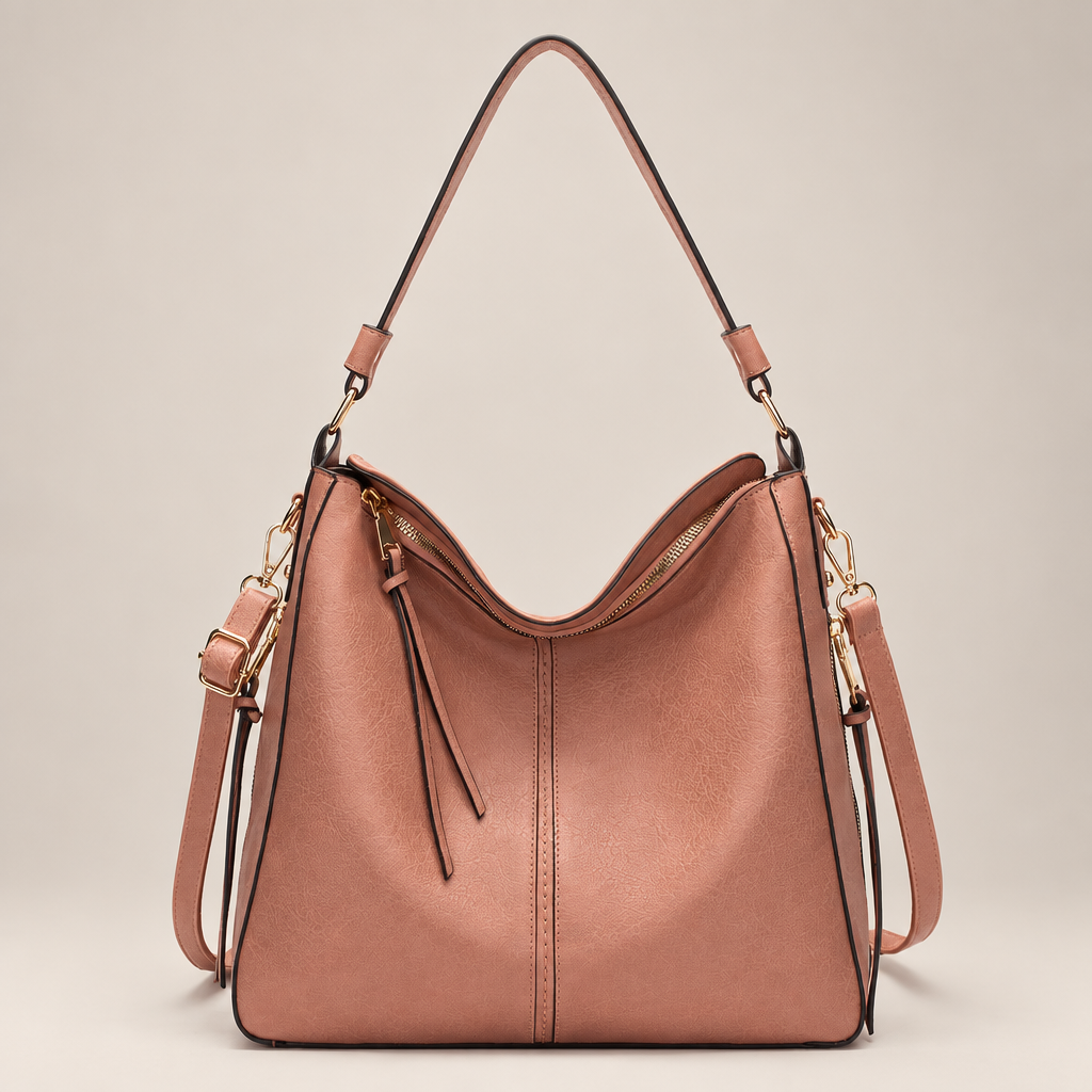 Fairy pink hobo shoulder bag on warm ivory studio background